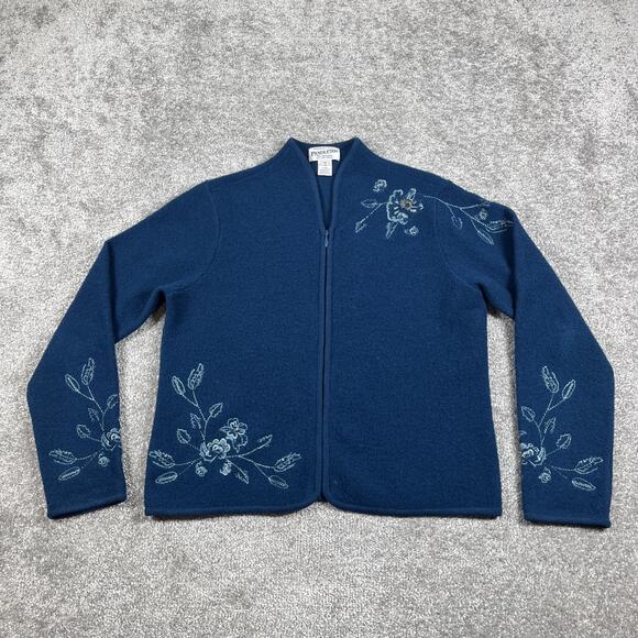 Pendleton Merino Wool Sweater Womens Medium Floral Embroider Zip Up Cardigan - Picture 1 of 13